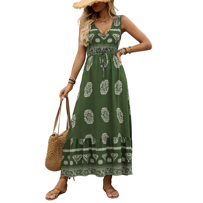 Women's maxi dress with V-neck, tailored tie belt and tiered flounce hem Chichicherry
