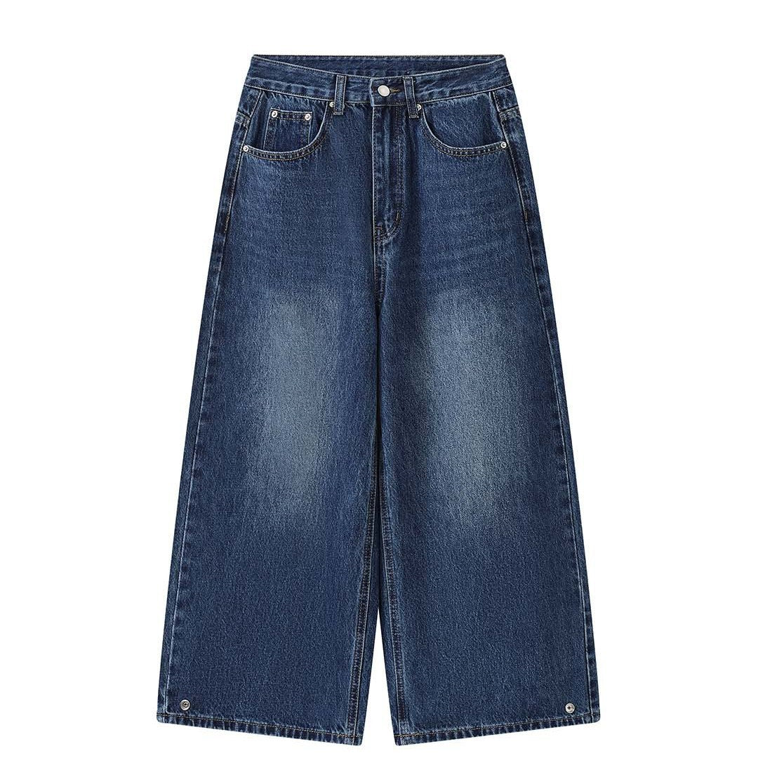 Women's Loose High-Waist Denim Baggy Pants with Snap Hem Chichicherry