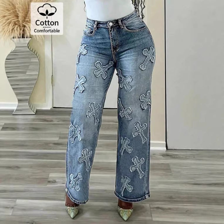 Women's high-waisted straight-cut jeans with cross appliqués made of cotton denim Chichicherry