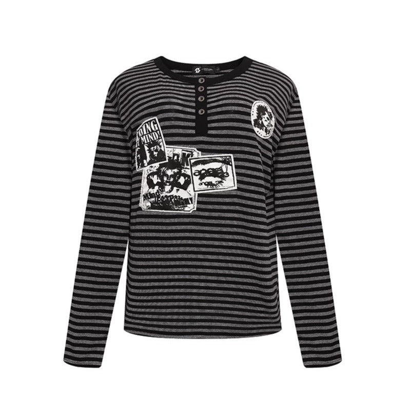 Women's Striped Long Sleeve Henley Shirt with Button Placket and Graphic Patches Chichicherry
