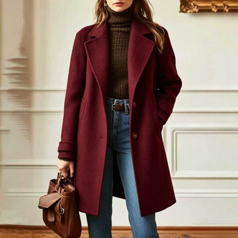 Women's Elegant Wool Coat with Tailored Fit and Notched Lapel Chichicherry