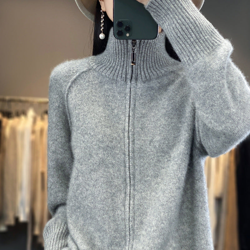Women’s zip cardigan in cashmere look with stand-up collar and ribbed cuffs Chichicherry
