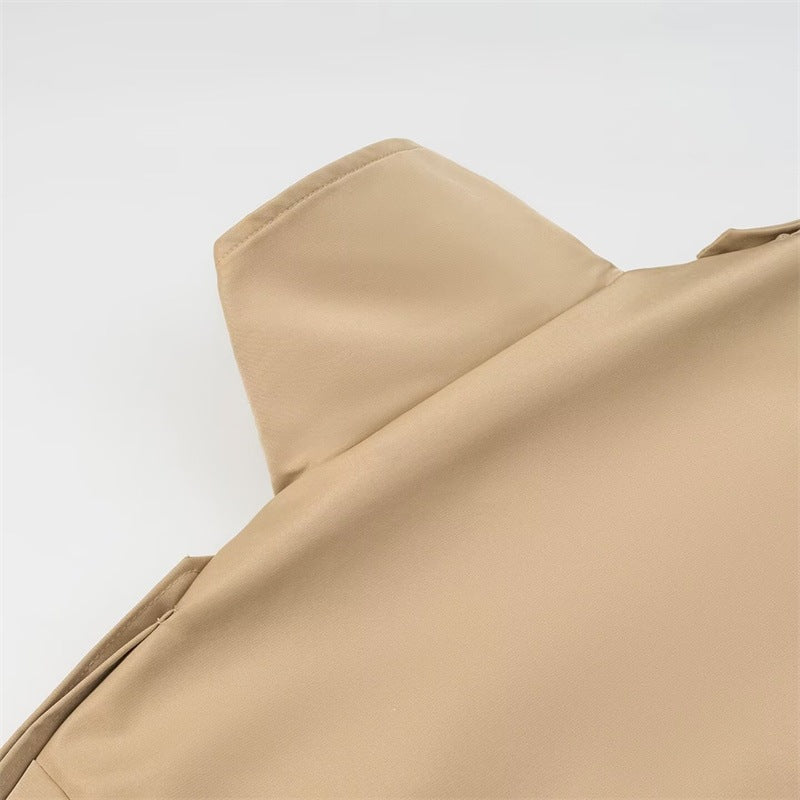 Women's Short Trench Coat with Stand Collar, Waist Belt and Contrast Cuffs Chichicherry