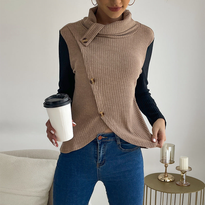 Women’s Asymmetrical Rib Knit Top with Button Detail and Stand-Up Collar Chichicherry