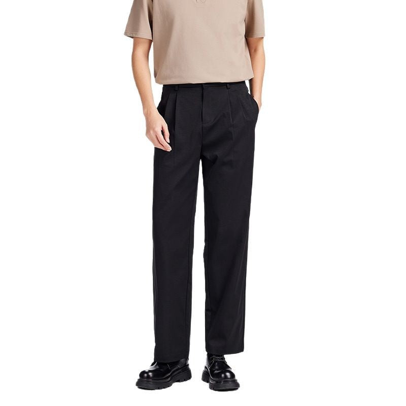 Men's Elegant Pleated Fabric Pants with High Waist, Crease and Straight Leg Chichicherry