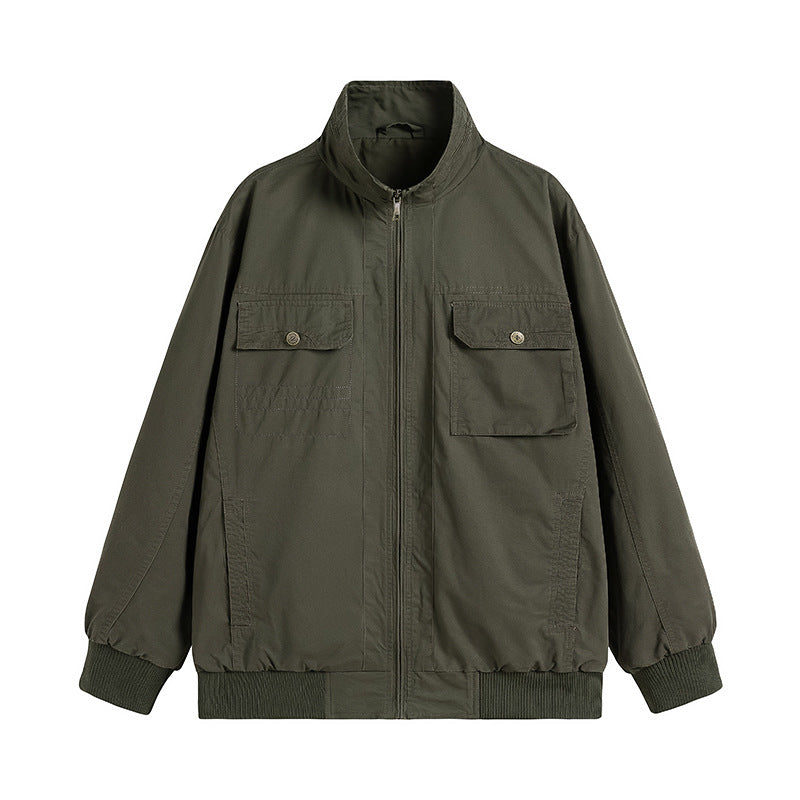 Men's Loose-Fitting Canvas Over Jacket with Stand-Up Collar and Flap Pockets Chichicherry