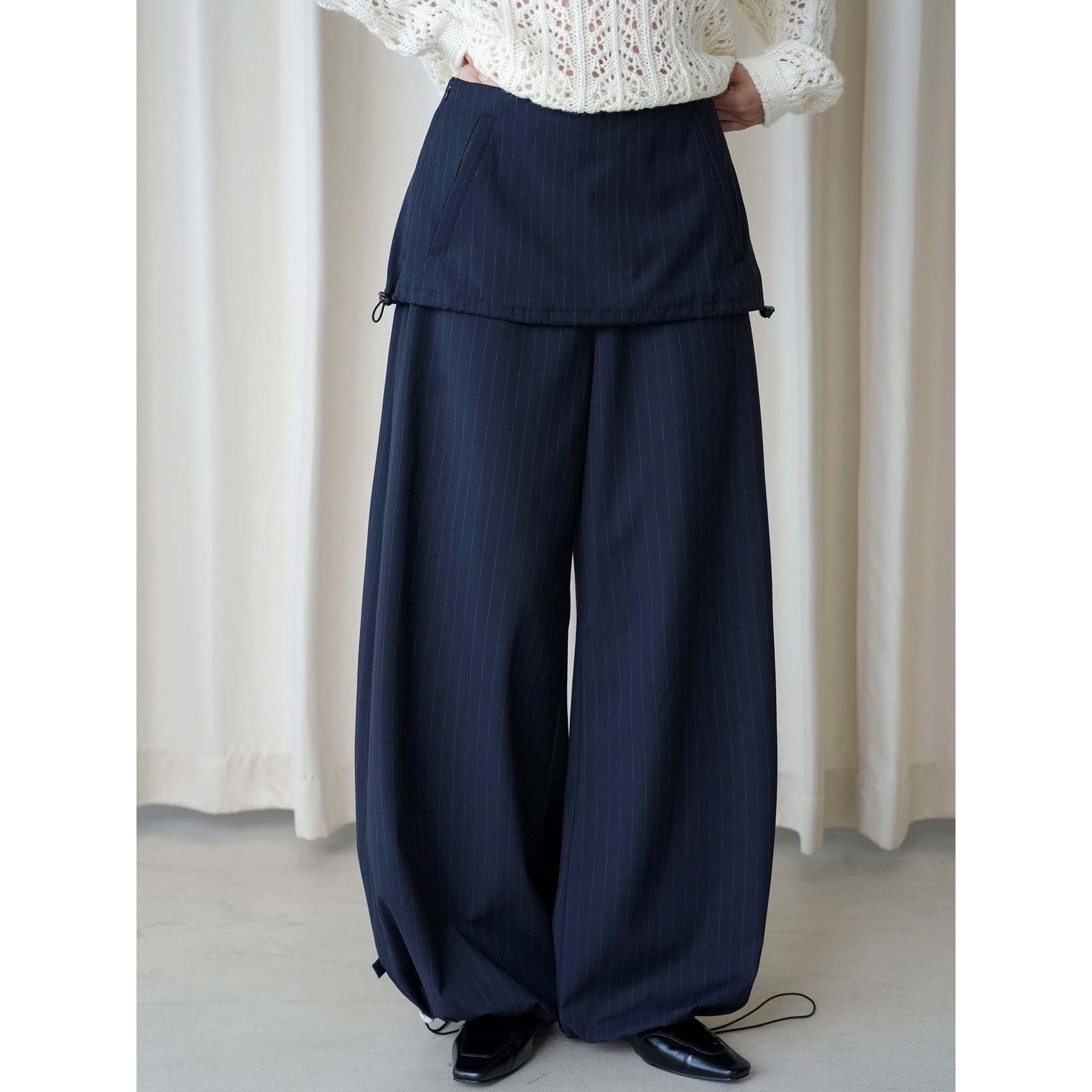 Women Wide Pinstripe Pants with Overlay and Drawstring Chichicherry