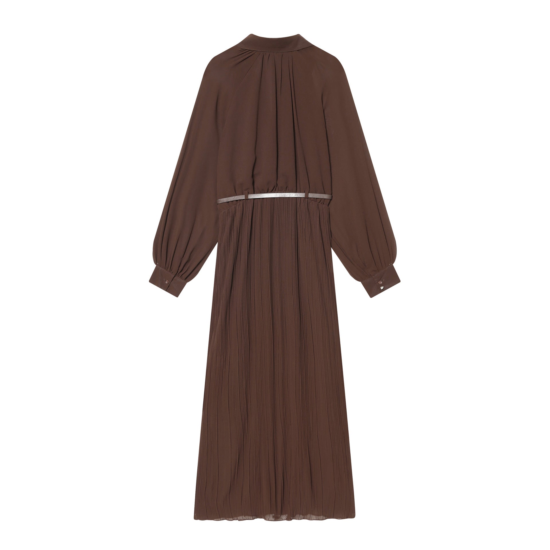Women Pleated Shirt Dress with Balloon Sleeves, Concealed Button Placket, and Waist Belt Chichicherry