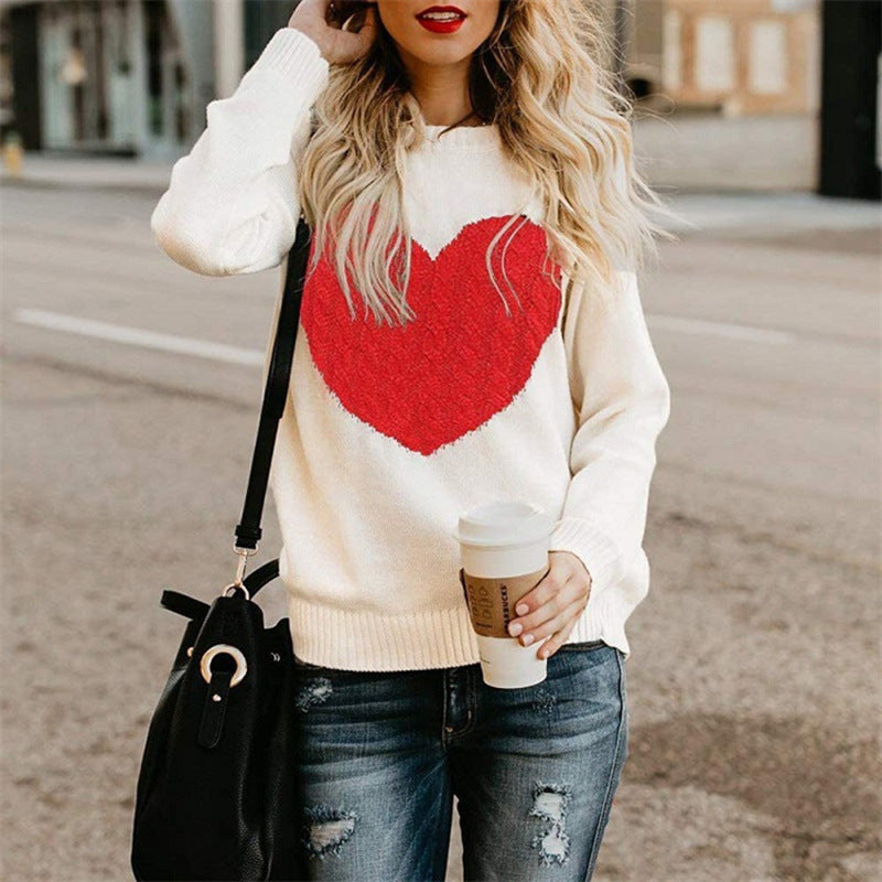 Ladies' knitted sweater with heart application, ribbed cuffs, and casual fit Chichicherry