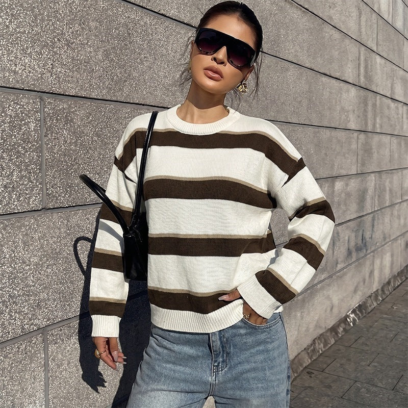 Women's Relaxed Maritime-Inspired Oversized Knit Sweater with Wide Block Stripes and Ribbed Cuffs Chichicherry