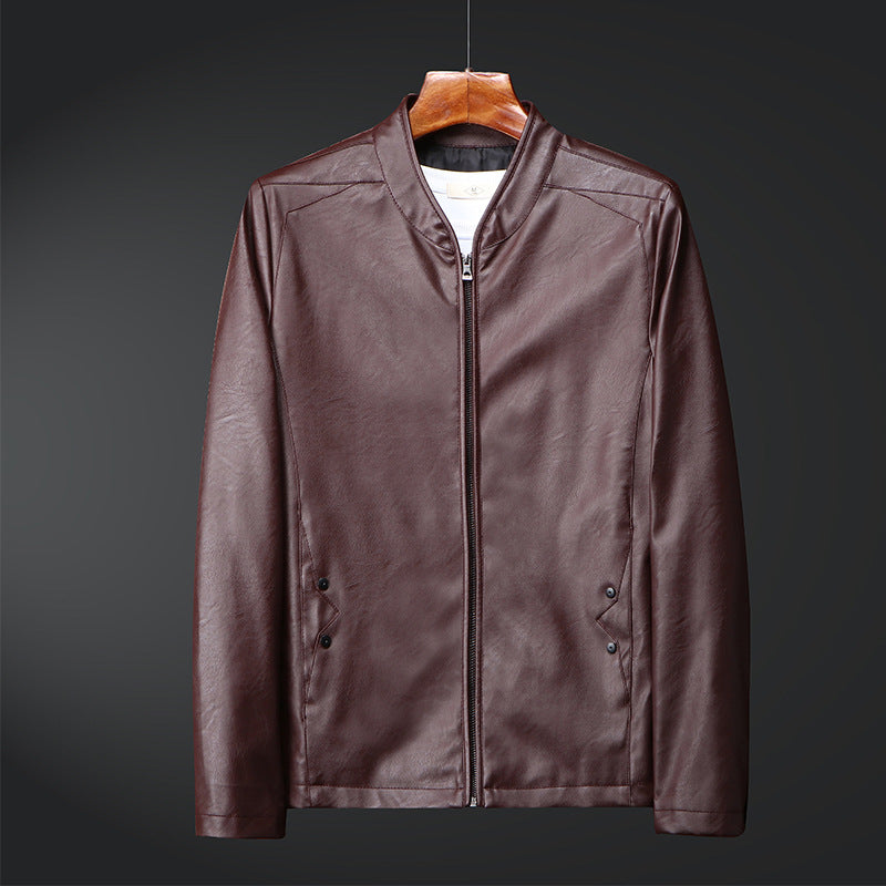 Men's slim synthetic leather blouson with standing collar and two-way zipper Chichicherry