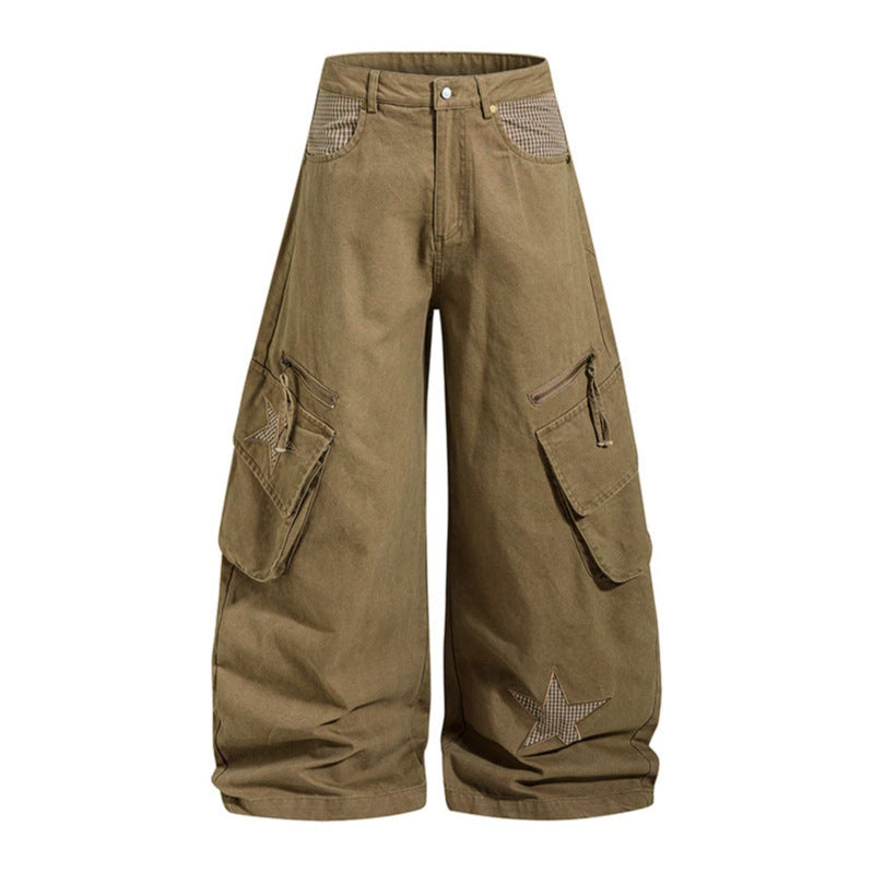 Women's wide cargo culotte pants with star appliqués and multi pockets Chichicherry
