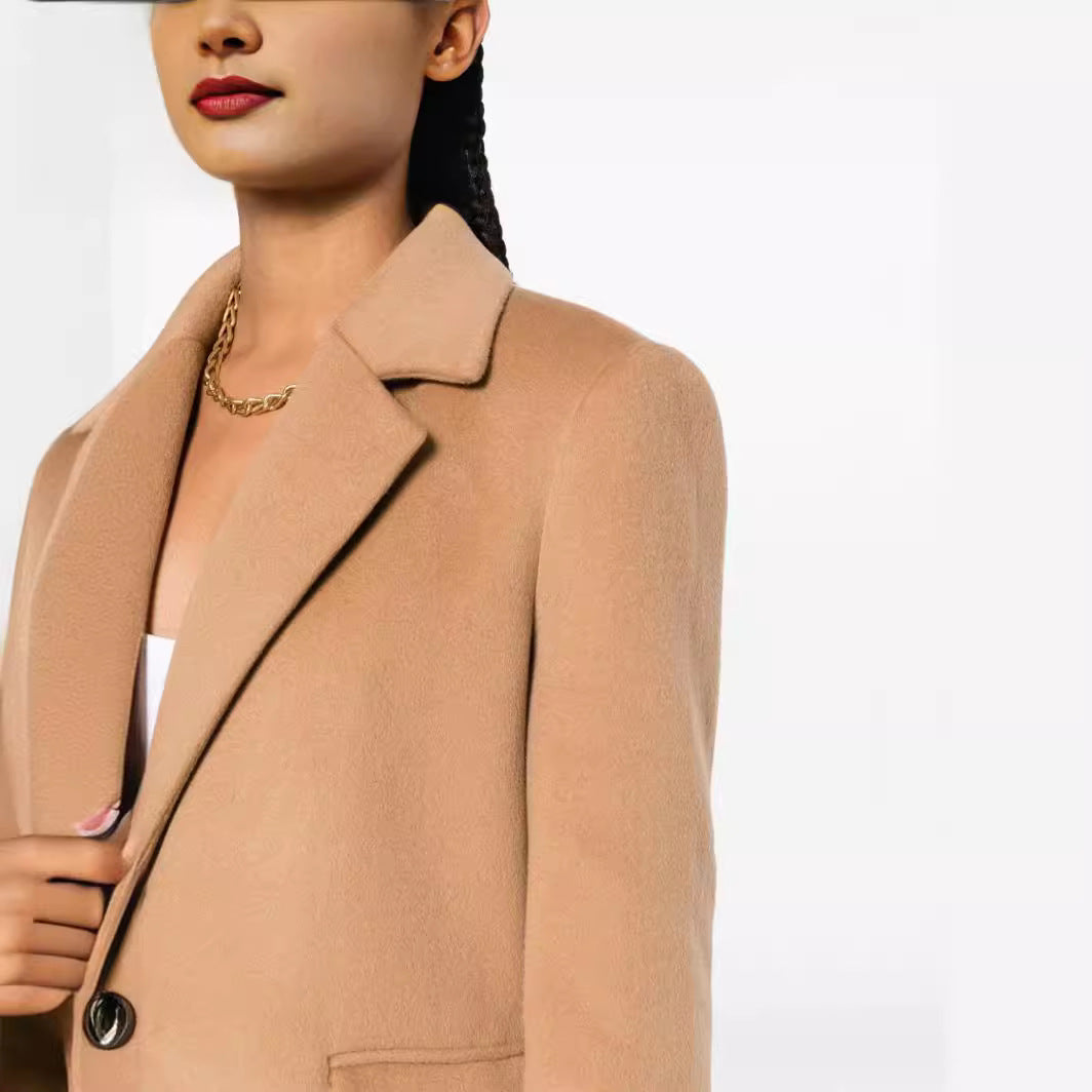 Women's Single-Breasted Wool Blend Long Coat with One-Button Closure and Flap Pockets Chichicherry