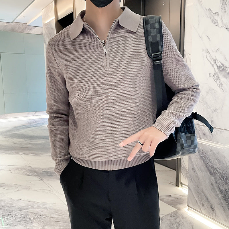 Herren Strukturierter Halbzip-Strickpolopullover mit Reißverschlusskragen Chichicherry