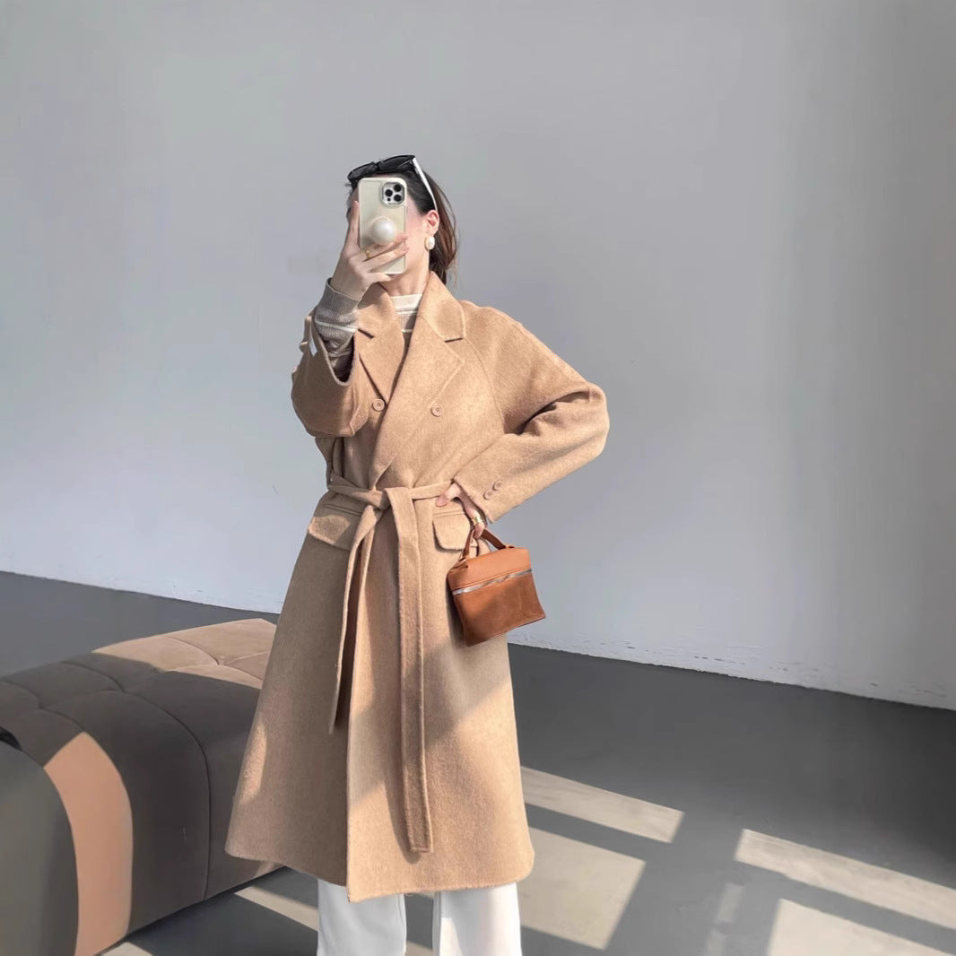 Women's Oversized Wool Blend Coat with Double-Breasted Button Placket and Pocket Flaps Chichicherry