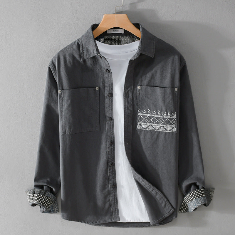 Men's cotton overshirt with contrast lining, chest pockets and fine embroidery Chichicherry