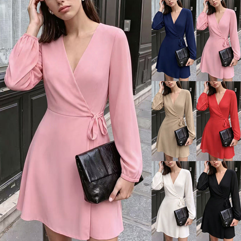 Ladies Elegant Wrap Mini Dress with Deep V-Neck and Long Sleeves Chichicherry