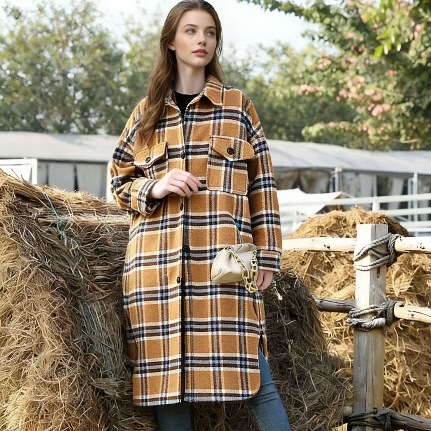 Women's Oversize Check Shirt Jacket in Longline Cut with Patch Chest Pockets Chichicherry