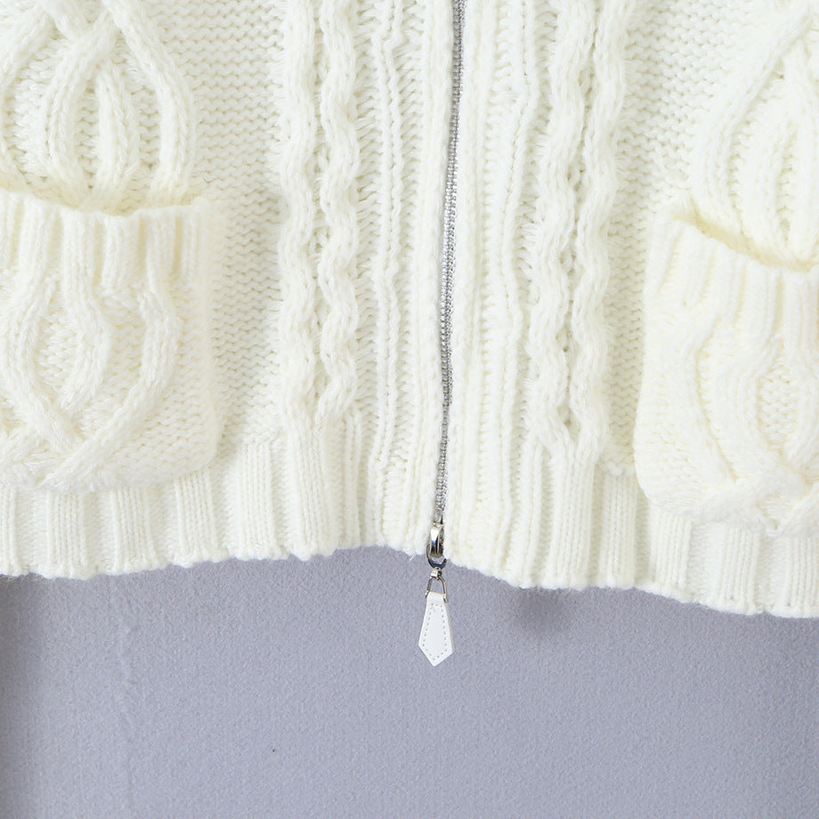 Ladies short knitted cardigan with stand-up collar, cable pattern, wooden button toggles and pockets Chichicherry