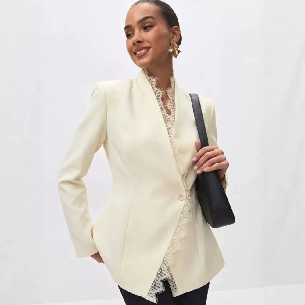 Women's Tailored Blazer with Lace Trim and Decorative Button Chichicherry