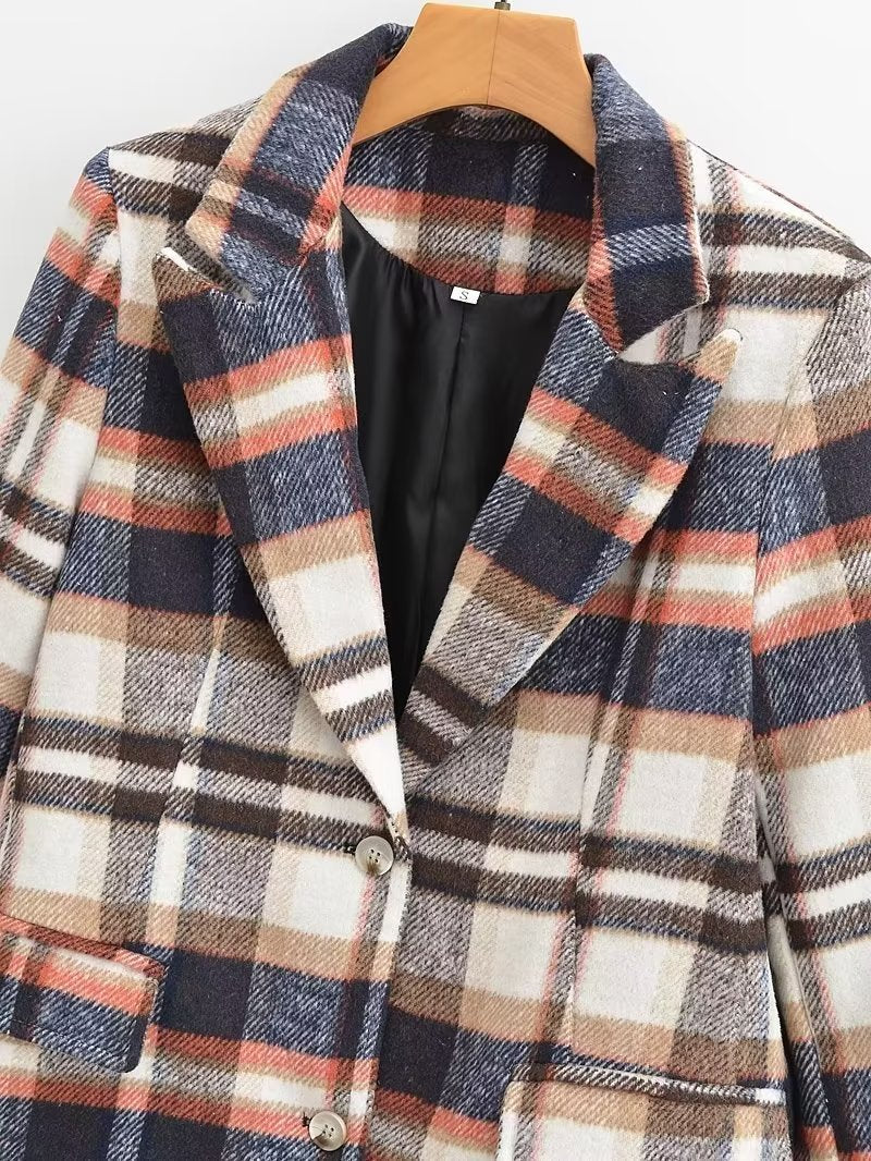 Women's Checked Wool Blend Single-Breasted Blazer with Notch Lapel and Flap Pockets Chichicherry