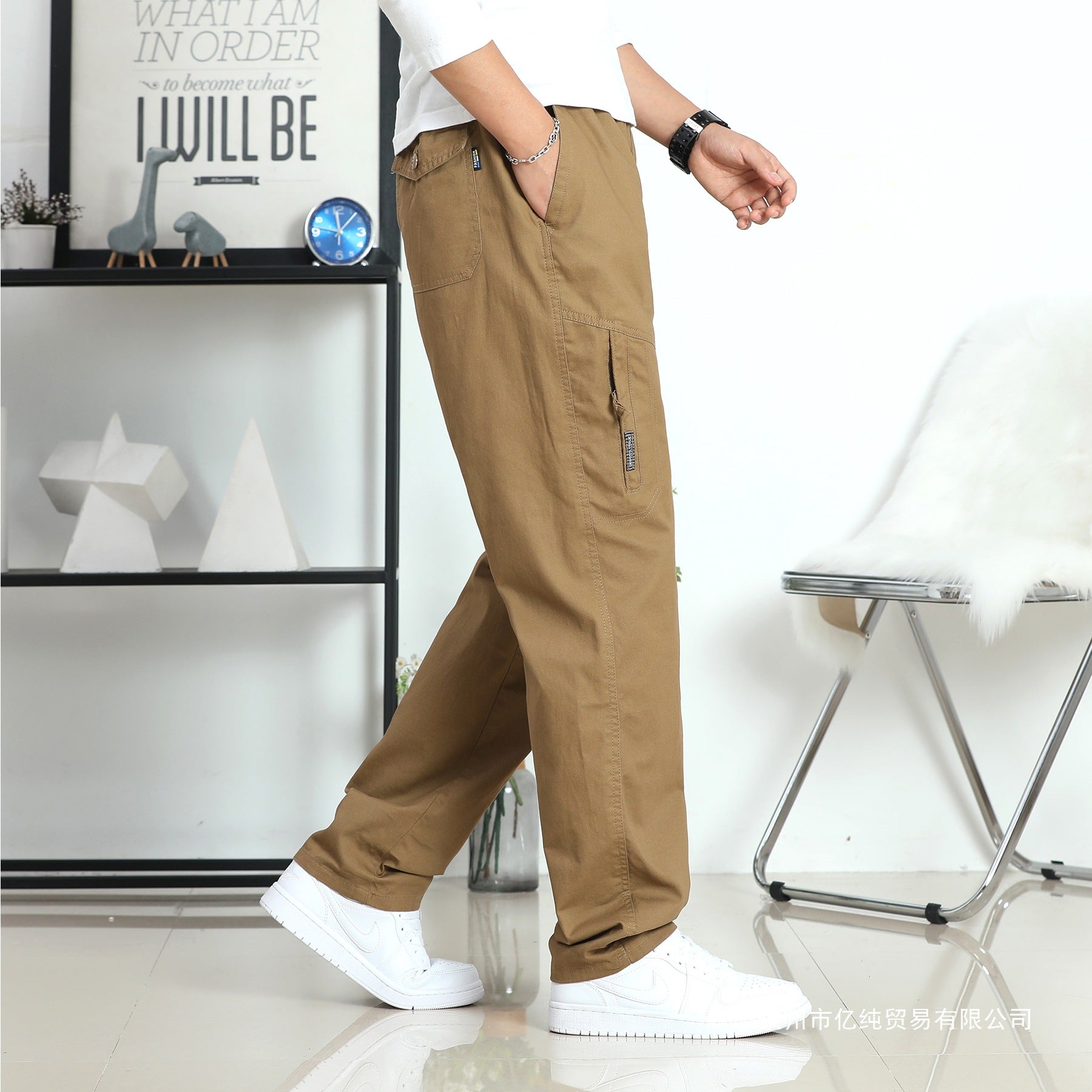 Men's Loose Utility Cargo Pants with Elastic Waistband, Side Zipper Pockets, and Pre-Shaped Knees Chichicherry