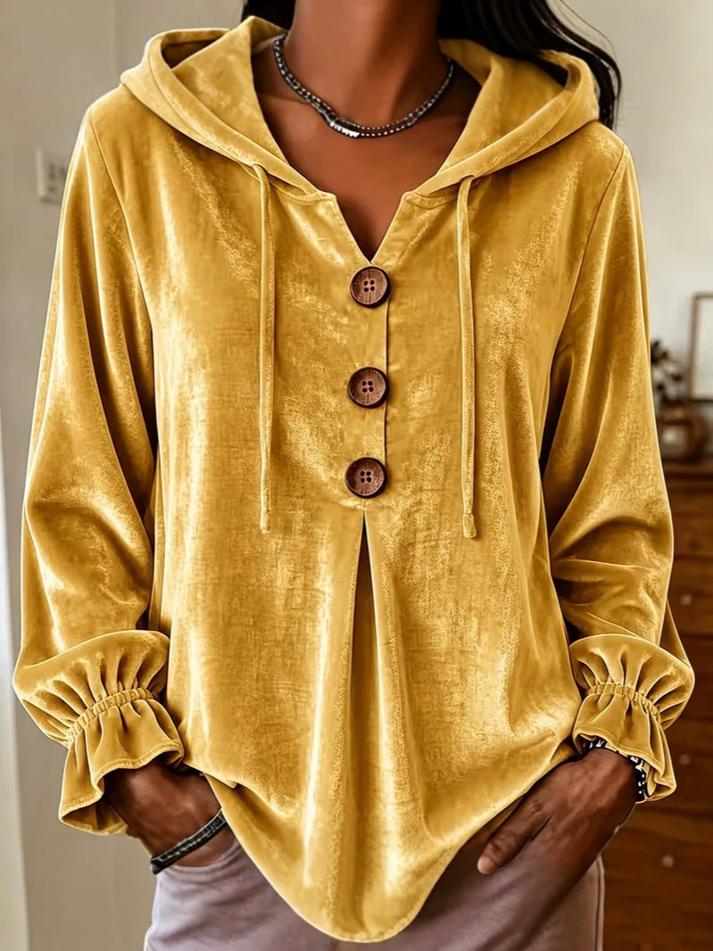 Women Velvet Hooded Blouse with Decorative Button Placket, Front Pleat and Gathered Cuff Sleeves Chichicherry