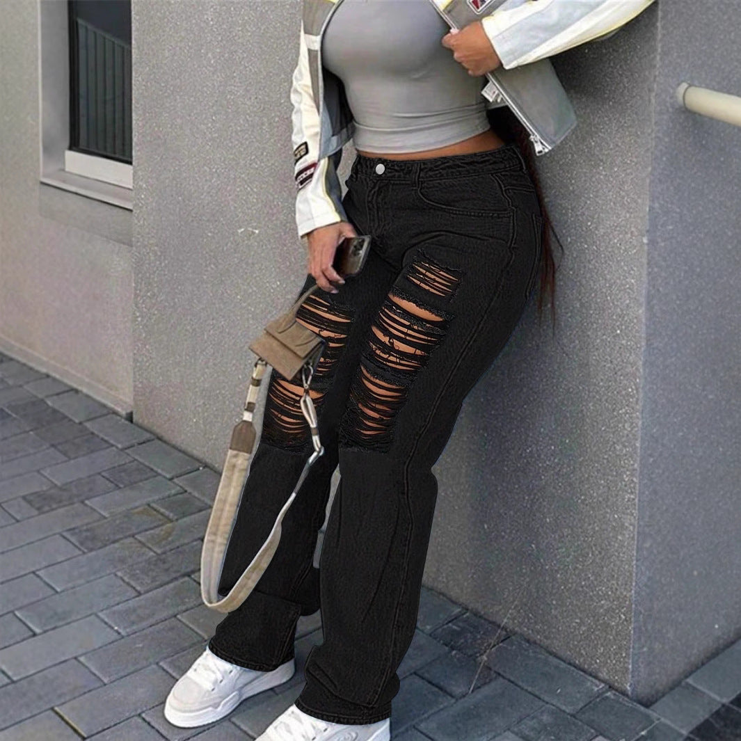 Women wide Destroyed-Denim-Jeans with high waist and strong Ripped-look Chichicherry