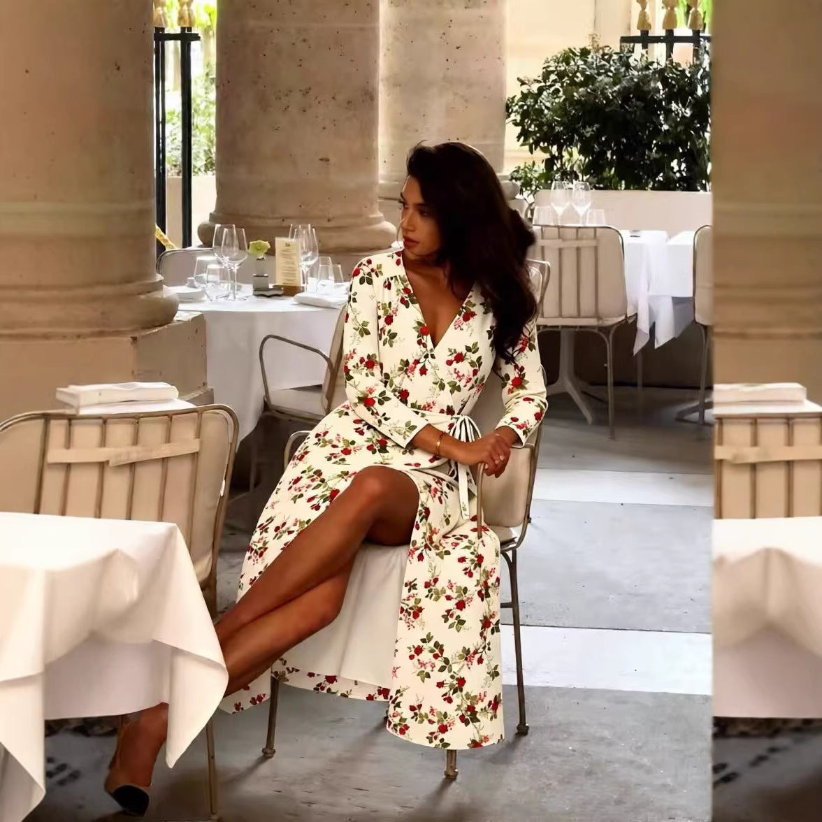 Women's Wrap Midi Dress with V-Neck, Tie Belt and Floral Allover Print Chichicherry
