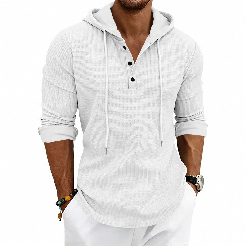 Men's Textured Hooded Long Sleeve Shirt with Button Placket and Waffle Texture Chichicherry