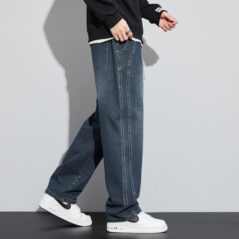 Men's Wide Denim Pants in Lounge Style with Drawstring Waist and Straight Leg Chichicherry