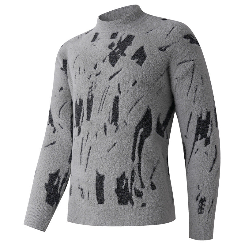 Men's Structured Mock Neck Sweater with Abstract Brush Pattern Chichicherry