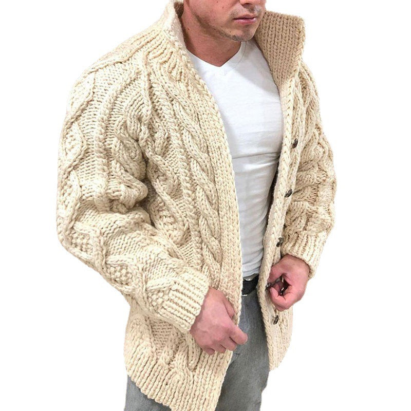 Men's Chunky Cable Knit Cardigan with High Standing Collar and Horn Buttons Chichicherry