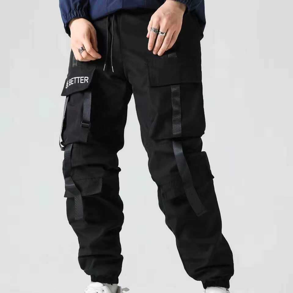Men's utility cargo jogger pants with multiple pockets, decorative belts & drawstring waistband Chichicherry