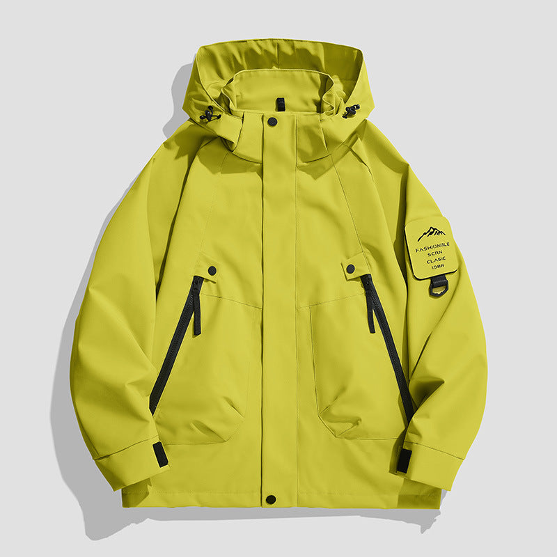 Men's Waterproof Utility Softshell Jacket with Hood, Diagonal Zipper Pockets & Adjustable Sleeve Straps Chichicherry