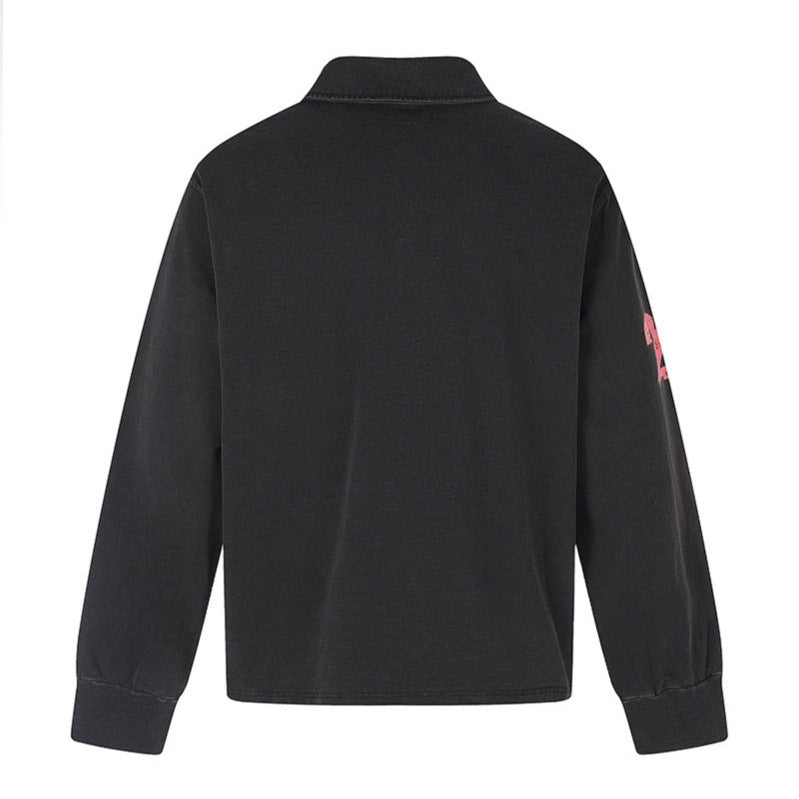 Men's Long Sleeve Polo Shirt with Vintage-Inspired Front Print, Shirt Collar and Button Placket Chichicherry