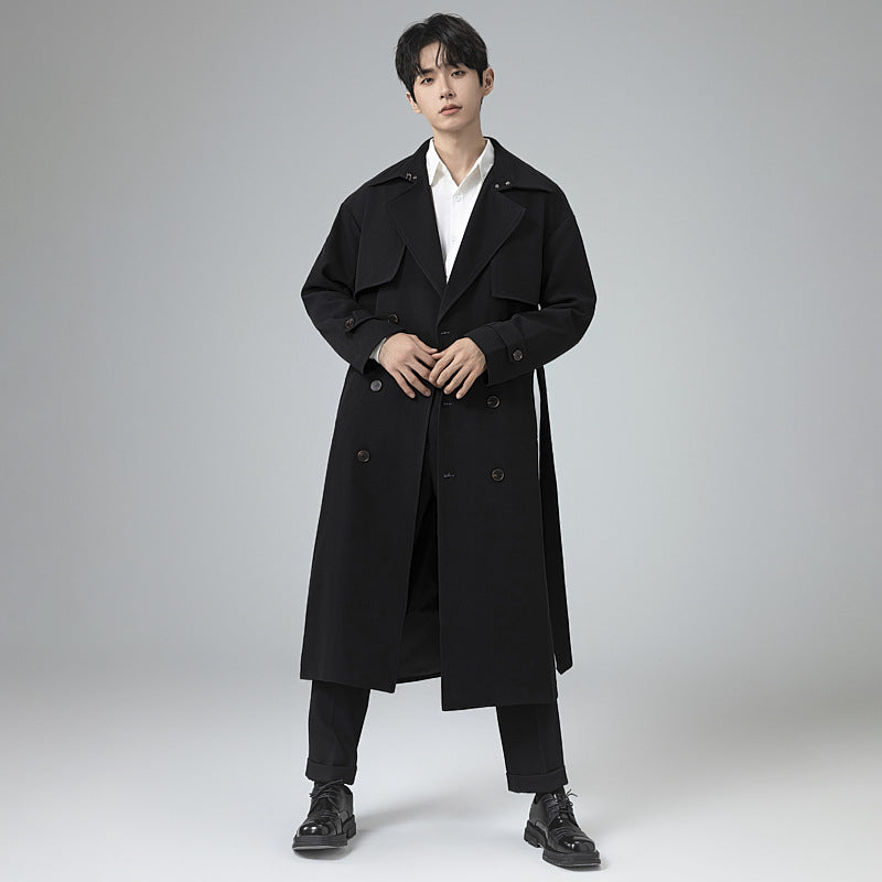 Men's trench coat in minimalist double-breasted design with wide shawl collar and waist belt Chichicherry