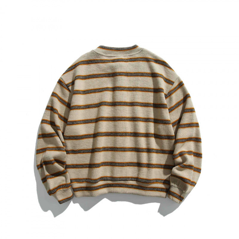 Unisex locker-cut striped cardigan with round neck and decorative button placket Chichicherry