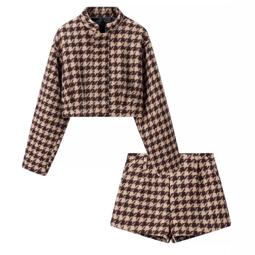 Ladies Two-Piece Houndstooth Wool Blend Set with Tailored Short Blazer and High-Cut Shorts Chichicherry