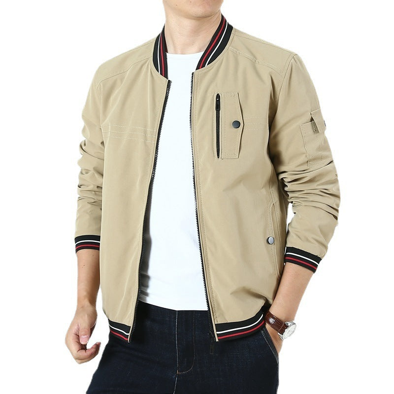 Men's Lightweight Bomber Jacket in Retro Sports Style with Ribbed Collar and Zipper Pocket Detail Chichicherry