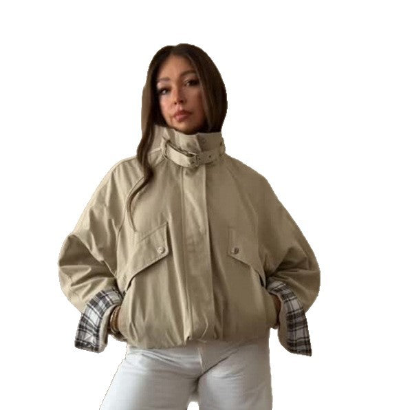 Women’s short bomber jacket with stand-up collar, chin strap, and checkered sleeve lining Chichicherry