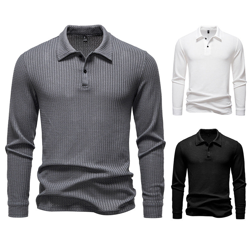 Men's Waffle Knit Polo Shirt with Half Button Placket and Shirt Collar Chichicherry
