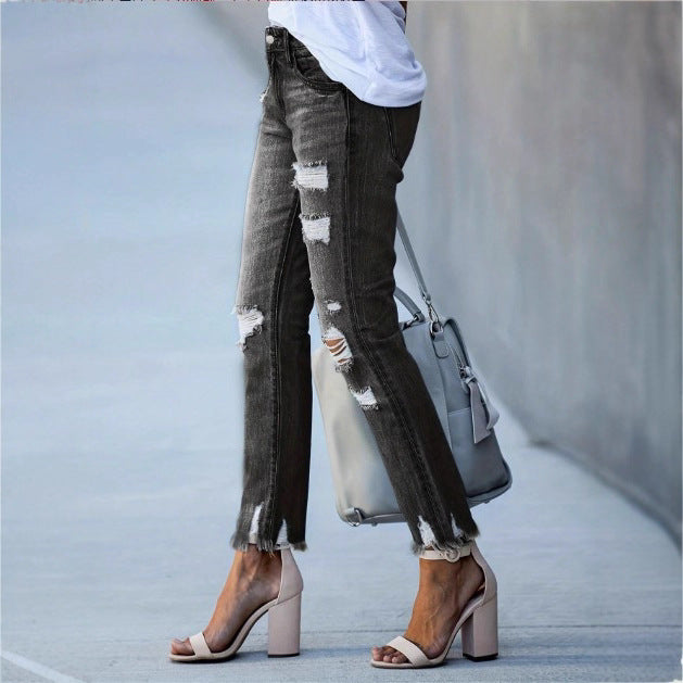 Women Cropped Destroyed Jeans with High Waist, Straight Leg & Raw Frayed Hem Chichicherry