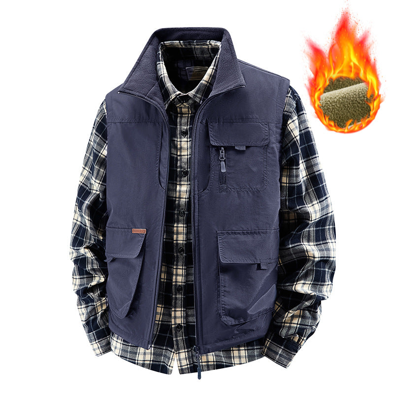 Men's Insulated Outdoor Work Vest with High Collar, Fleece Lining, and Versatile Organizer Pockets Chichicherry