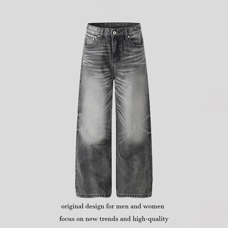 Ladies High-Waisted Wide-Leg Denim Pants with Used-Fade Effect Chichicherry