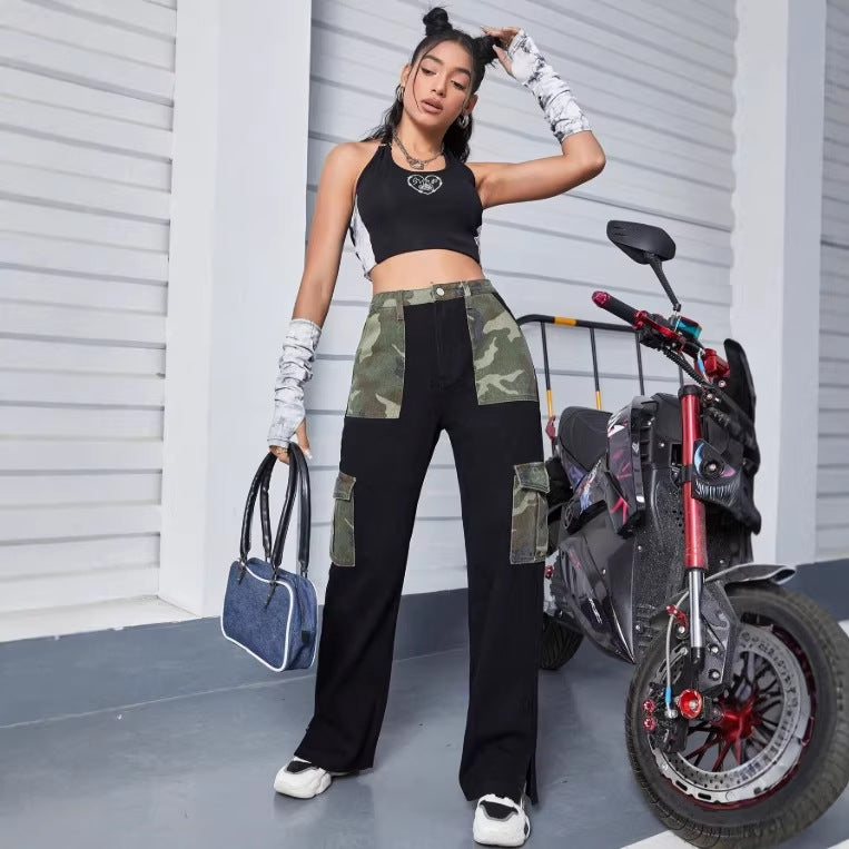 Women High-Waist Utility Jeans with Camouflage Panels and Patch Cargo Pockets Chichicherry