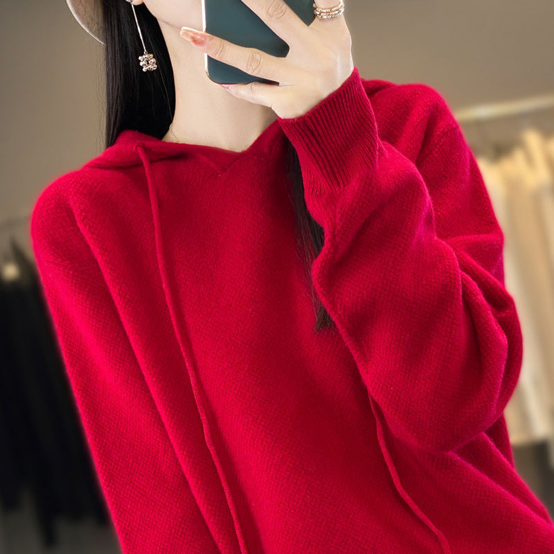 Women soft fine-knit hooded sweater with mottled texture and ribbed cuffs Chichicherry