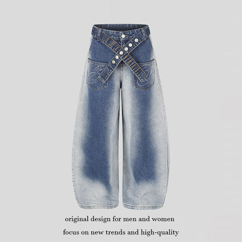 Women's Extra Wide High-Waist Palazzo Jeans with Crossed Decorative Waistband and Embroidered Pockets Chichicherry