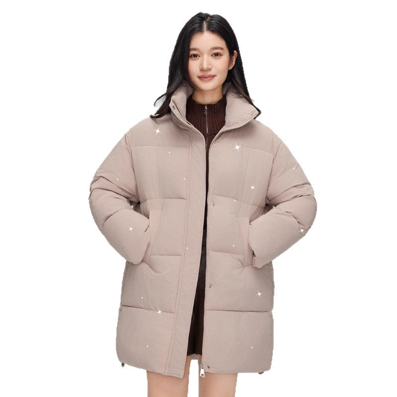 Women’s mid-length quilted short coat with high stand-up collar, subtle glitter quilting, and light thermal insulation Chichicherry