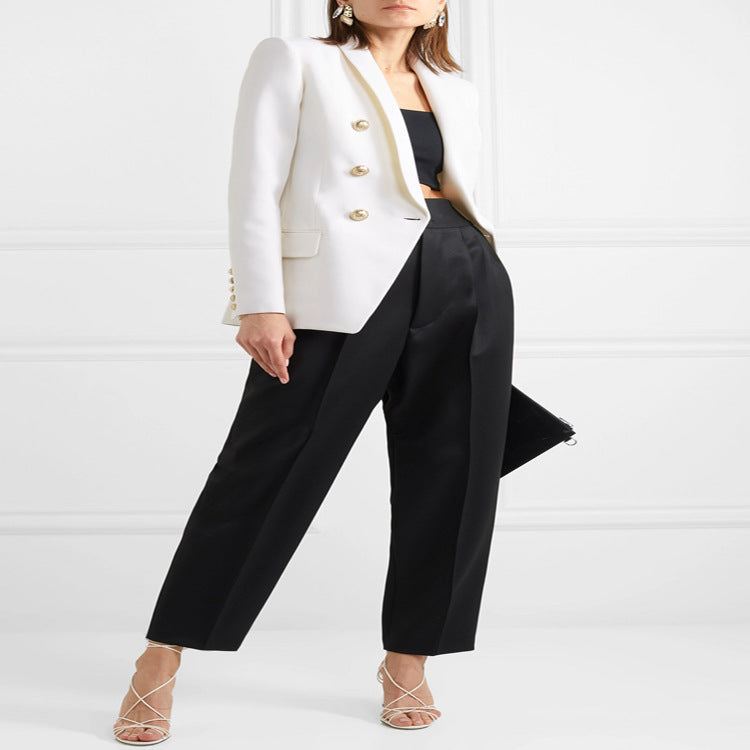 Women's Tailored Double-Breasted Blazer in Tuxedo Tailoring with Shawl Collar and Golden Decorative Round Buttons Chichicherry